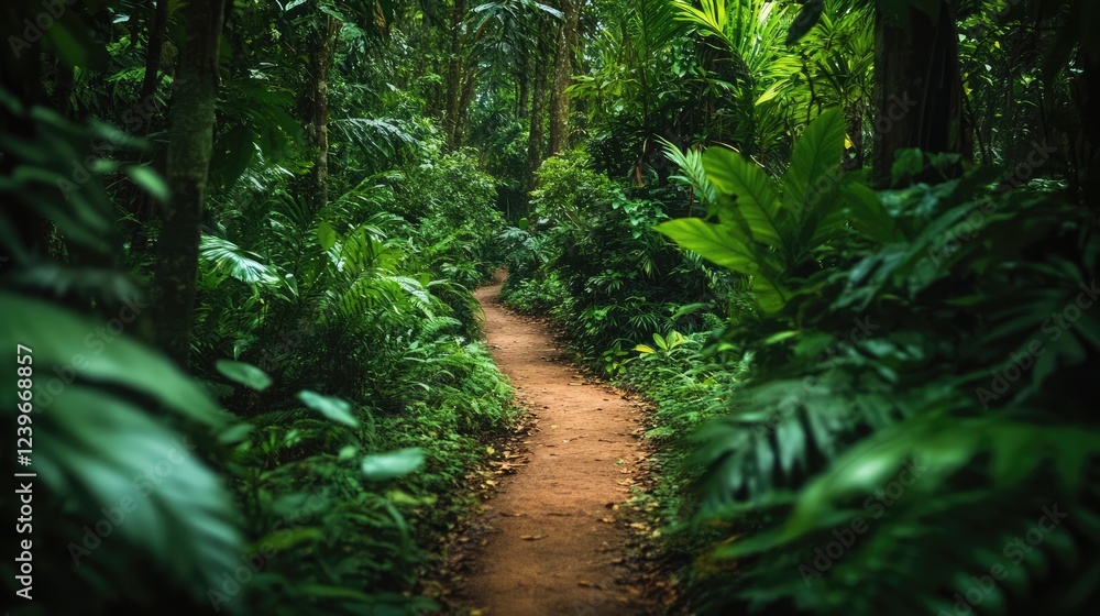 Poster a trail through a dense, vibrant forest showcases a beautiful array of vegetation, highlighting the 