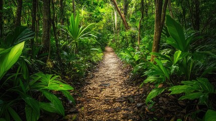 A trail through a dense, vibrant forest showcases a beautiful array of vegetation, highlighting the interconnectedness and diversity of species thriving together.