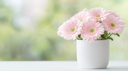 Fototapeta premium Pink gerbera daisies in pot, spring background, home decor