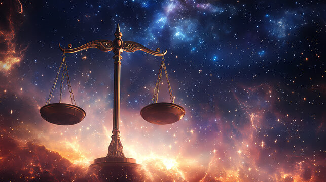 Radiant and glowing scales of justice stand prominently against a vast, star-lit cosmic sky, embodying themes of harmony, balance, and universal law. Celestial Themes. Illustration