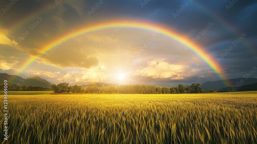 Poster a tranquil field of grass with a rainbow arching overhead, sunlight piercing through clouds to cast 