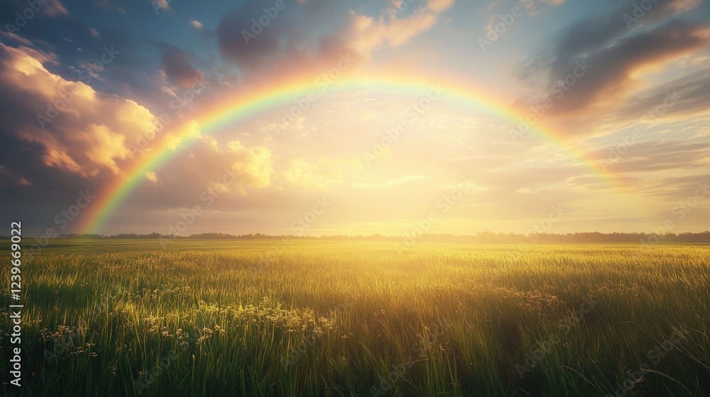 Poster a tranquil field of grass with a rainbow arching overhead, sunlight piercing through clouds to cast 