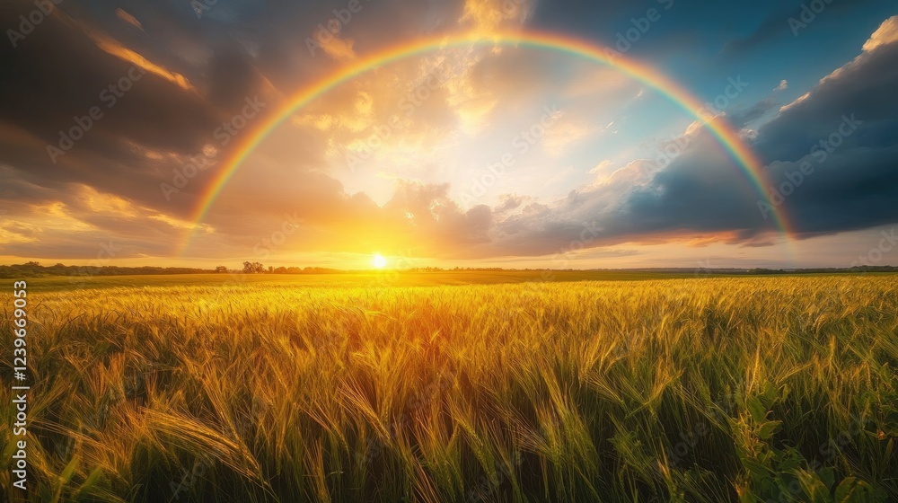 Poster A tranquil field of grass with a rainbow arching overhead, sunlight piercing through clouds to cast a warm glow on the landscape.