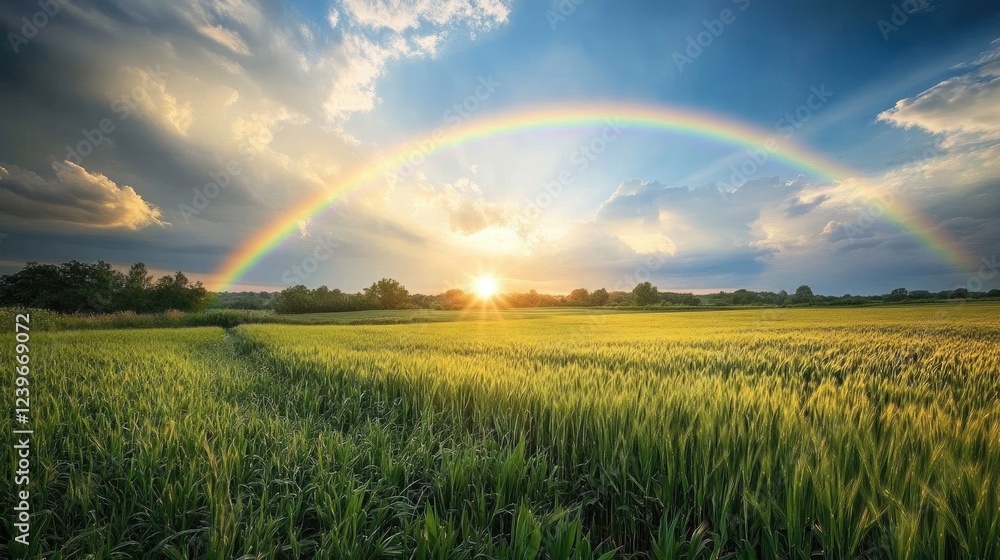 Poster a tranquil field of grass with a rainbow arching overhead, sunlight piercing through clouds to cast 