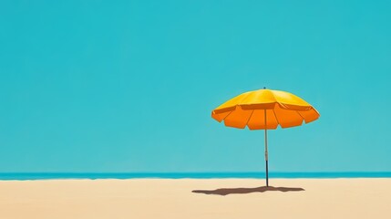 Bright yellow umbrella on a sunny beach with clear blue skies and tranquil ocean in the background