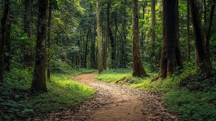 Obraz premium A tranquil forest trail surrounded by thick, diverse vegetation, emphasizing the beauty of natural ecosystems and the harmonious coexistence of all living things.