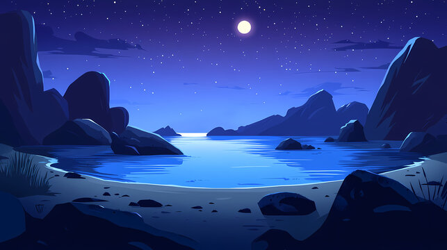 Serene moonlit coastal scene at night, tranquil waters reflecting celestial bodies, calm beach rocks, starlit sky. ideal for travel, nature, serenity themes. Celestial Themes. Illustration
