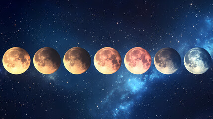 Vibrant celestial sequence of the moon's phases in a cosmic gradient palette, ideal for illustrating lunar cycles and astrology themes. Celestial Themes. Illustration
