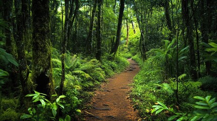 A tranquil forest trail surrounded by thick, diverse vegetation, emphasizing the beauty of natural ecosystems and the harmonious coexistence of all living things.