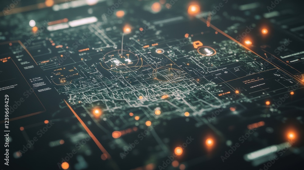Poster futuristic interface featuring a complex city map, highlighting points of interest and data streams,