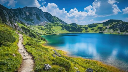 A tranquil hiking trail stretches across a mountain ridge, providing breathtaking views of crystal-clear blue lakes, with a wide-open sky above and lush greenery below.