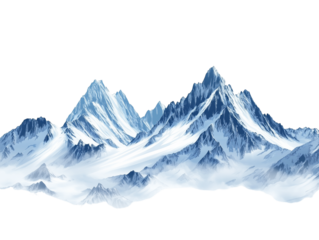 View of snowy mountain top in frosty weather, isolated on white background