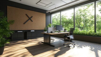 Fototapeta premium Modern office space with large windows, plants, and stylish furniture, creating a bright and inviting atmosphere.