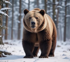 Obraz premium Arctic brown bear standing alone in snowy forest , winter, wildlife, arctic