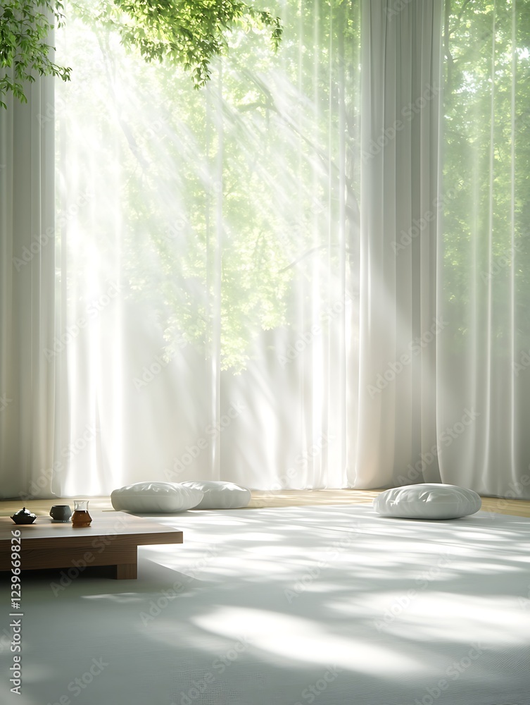 Poster bright, serene indoor space with soft light filtering through sheer curtains and a minimalist layout