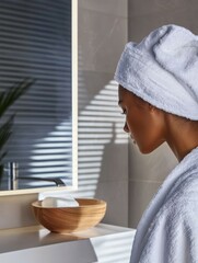 woman and makeup concept. Woman in a towel gazes contemplatively in a stylish bathroom setting.