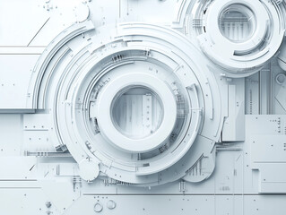 abstract technology background features a striking combination of white and gray hues, adorned with intricate geometric round shapes, creating a visually captivating 3D render illustration