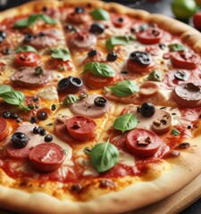 Aromatic pizza with juicy toppings and bubbly sauce,  steam,  paprika,  ham