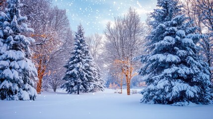 Fototapeta premium A tranquil winter scene featuring snow-covered trees with twinkling holiday lights, set against the backdrop of a bright blue sky, capturing the essence of the season.