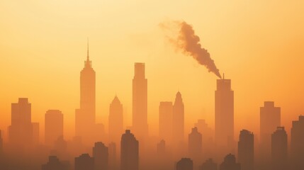 Obraz premium Urban Silhouette at Sunset with Smoke and Golden Sky Hues
