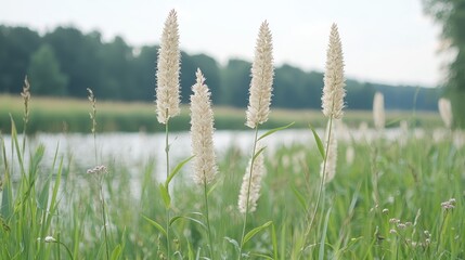 Fototapeta premium White flowers by river, summer landscape, nature background, idyllic scene