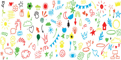 Cute kid scribble line flower, heart. rainbow background. Hand drawn doodle sketch childish element set.