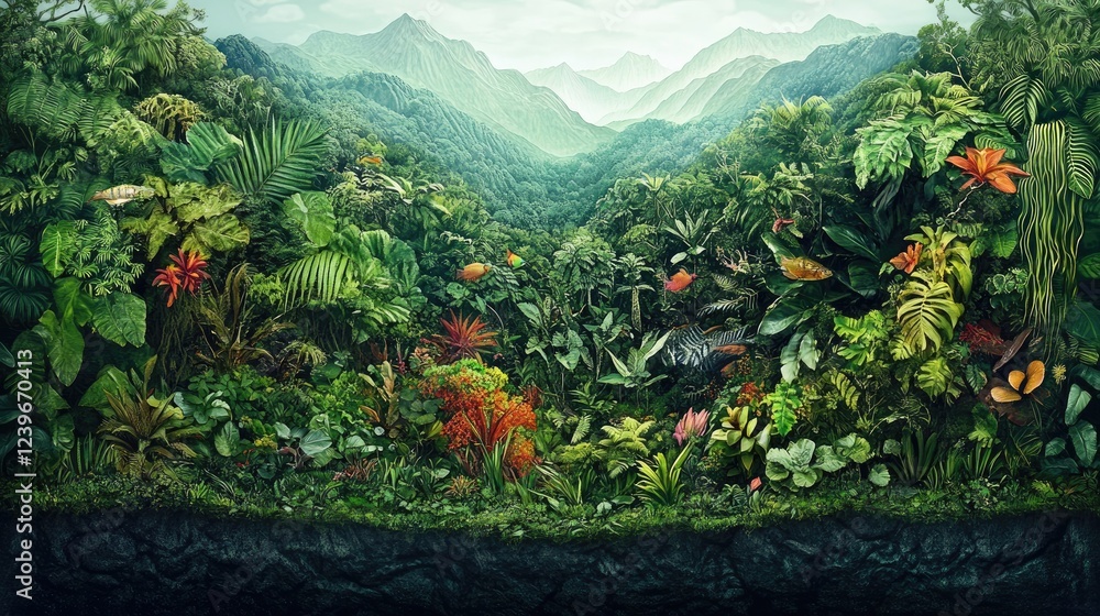 Poster a vibrant cross-section of a jungle, with visible layers of life from the forest floor to the canopy