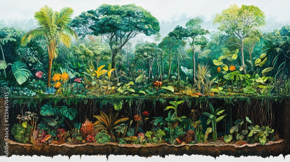 Aufkleber a vibrant cross-section of a jungle, with visible layers of life from the forest floor to the canopy