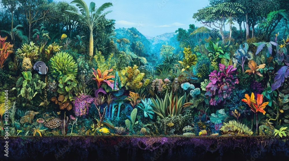 Poster a vibrant cross-section of a jungle, with visible layers of life from the forest floor to the canopy