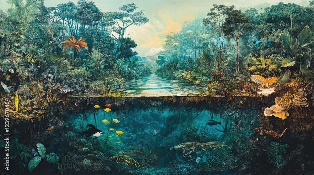 Poster a vibrant cross-section of a jungle, with visible layers of life from the forest floor to the canopy