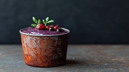 Fresh Berry Smoothie in Rustic Metallic Bowl with Green Garnish