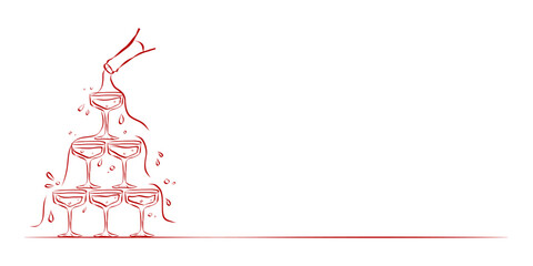 Coquette aesthetic elements of hand drawn line art. Champagne Cascade in simple crayon and sketch style. Symbols for Valentine day and invitations templates. Doodle vector illustration