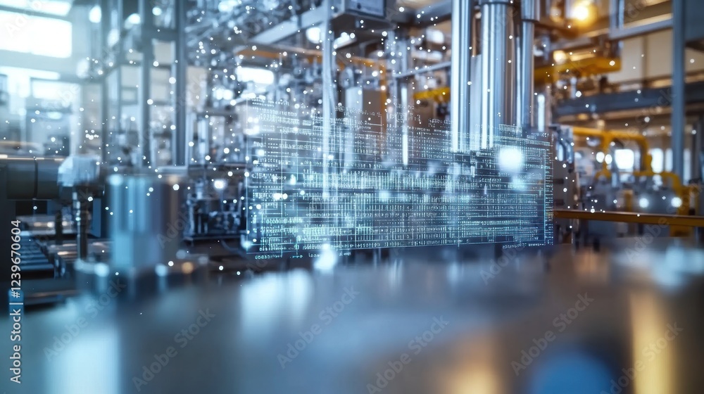 Poster futuristic software managing an innovative production line in a modern factory, integrating technolo