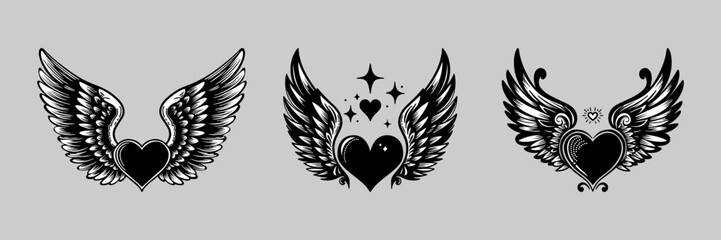 3 elegant illustrations of wings as a symbol of angels and a symbol of love in the middle