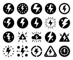 20 creative lightning icons in black on a white background