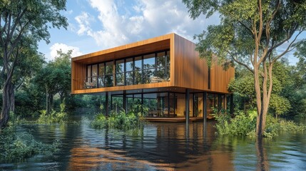 Fototapeta premium A vibrant wooden home elevated above floodwaters, with green vegetation floating nearby, creating a striking contrast between nature challenges and architectural resilience.