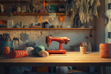 Hyper-Realistic Photo of a Large Wooden Craft Table with Knitting Supplies
