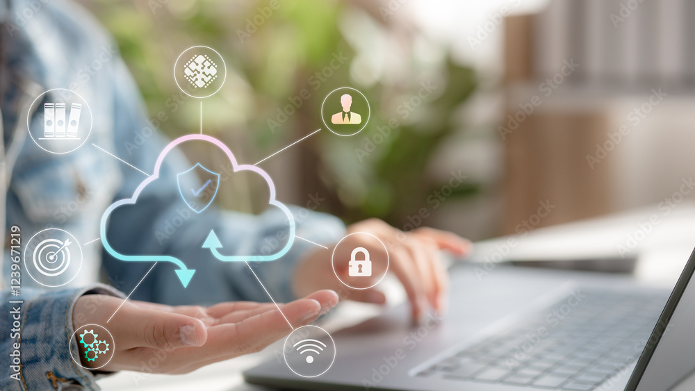 Aufkleber cloud technology concept. businessman shows cloud storage network technology icon, large network of 