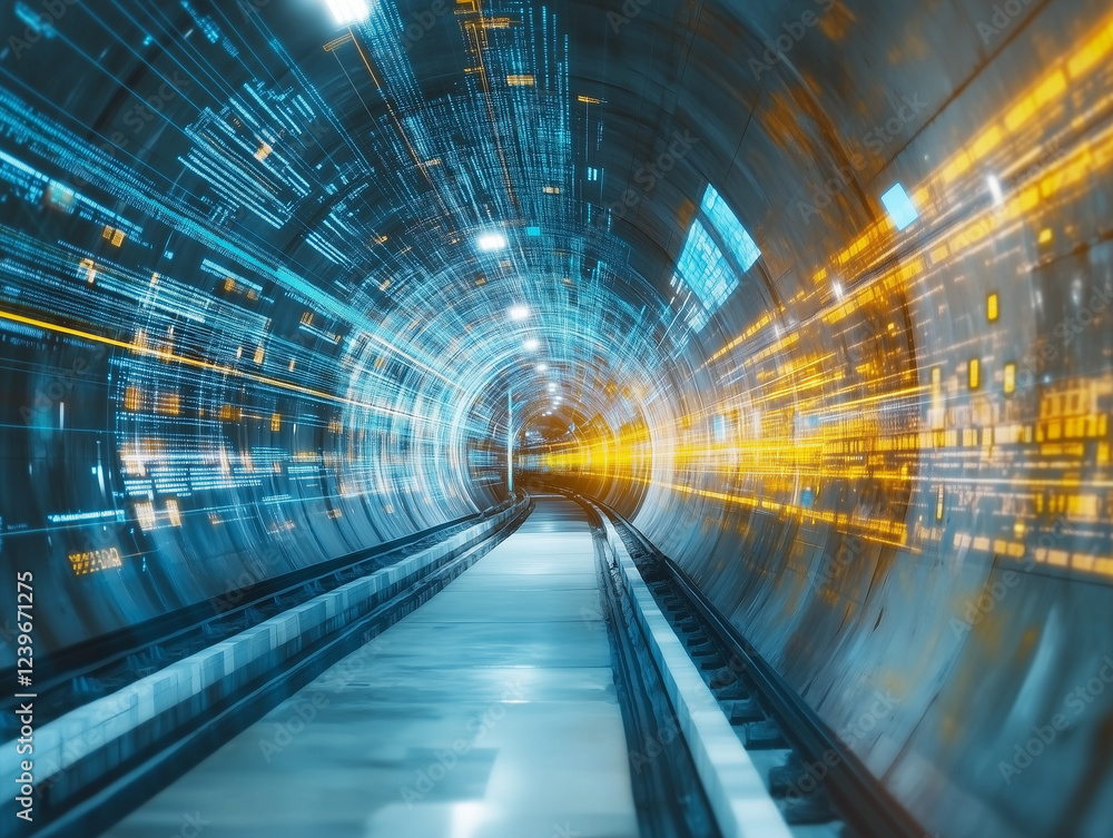 Poster abstract technology background features a speed motion blurred underground subway tunnel with a vibr
