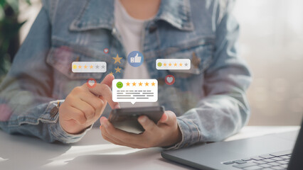 Online customer satisfaction Survey service concept, client rate service from experience in application, Consumer give five-Stars and feedback review for quality, Business ranking from buyer.