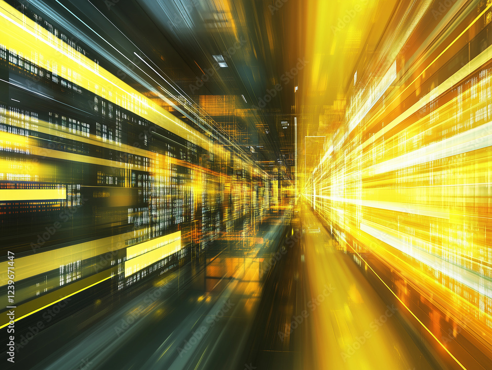 Poster abstract technology background features a speed motion blurred underground subway tunnel with a vibr