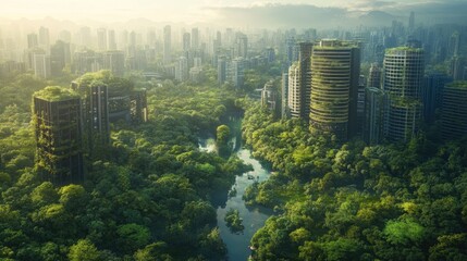 A vivid contrast between lush forest and urban development, with city buildings emerging organically from the natural landscape, symbolizing sustainable growth.