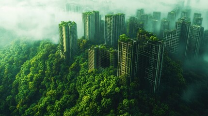 A vivid contrast between lush forest and urban development, with city buildings emerging organically from the natural landscape, symbolizing sustainable growth.