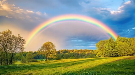 Naklejka premium A vivid rainbow stretches across the sky, arching over a park with green trees and grass, displaying the splendor of nature.