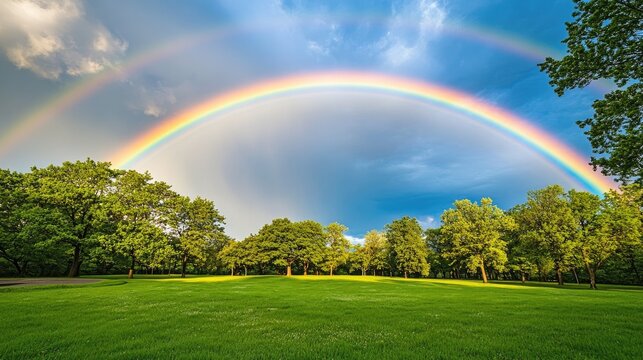 A vivid rainbow stretches across the sky, arching over a park with green trees and grass, displaying the splendor of nature.