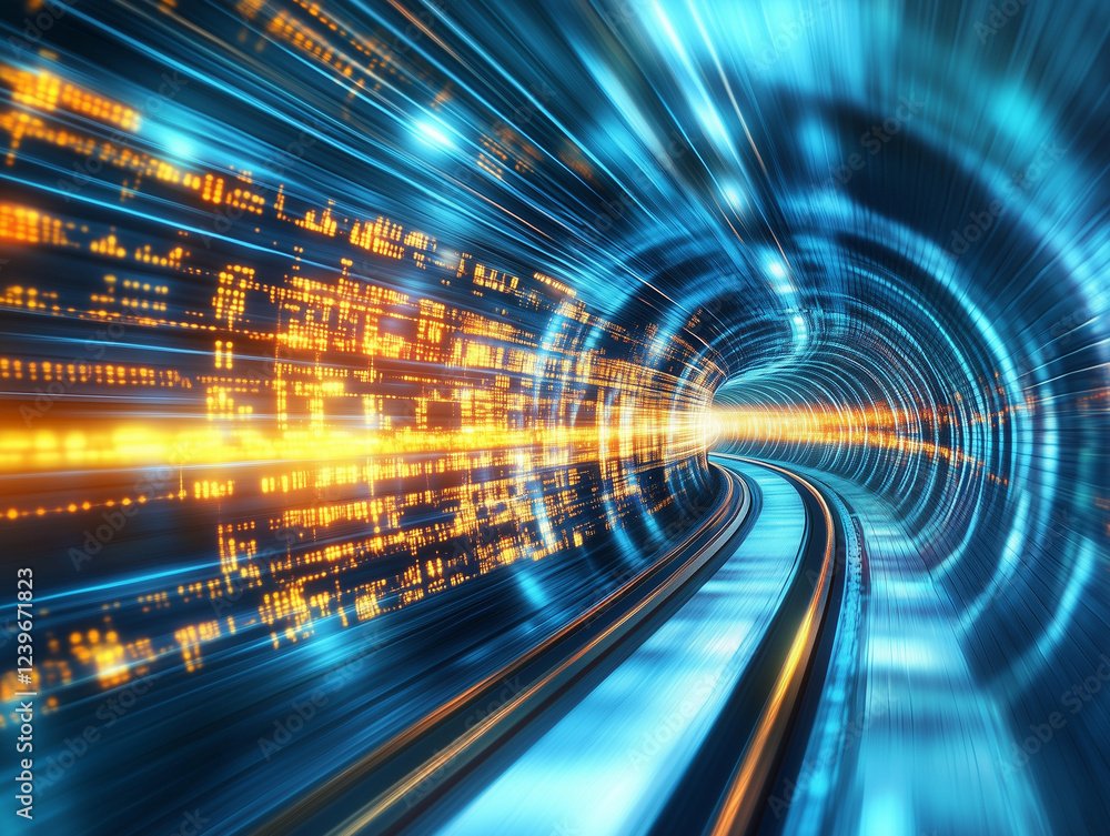 Poster abstract technology background features a speed motion blurred underground subway tunnel with a vibr
