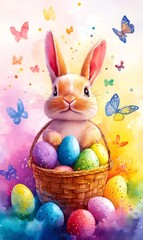 Obraz premium Adorable easter bunny holding a basket full of colorful, glittery eggs surrounded by butterflies in a vibrant spring setting
