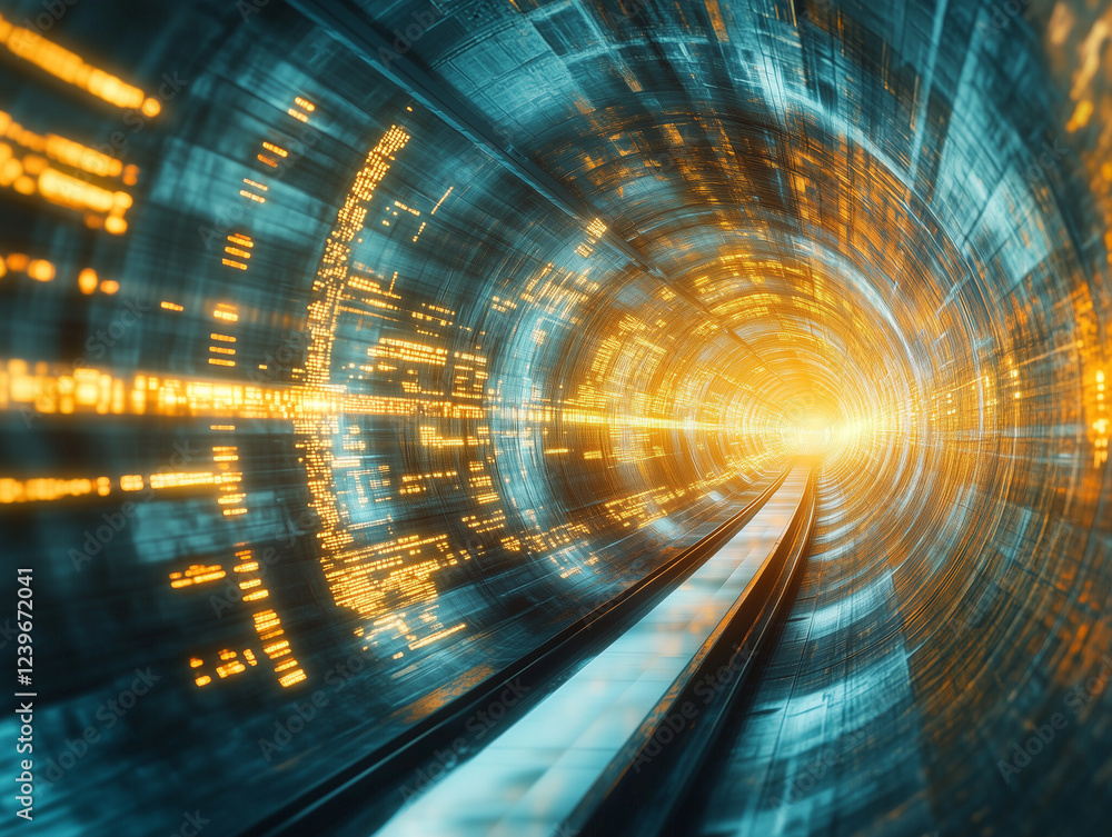 Poster abstract technology background features a speed motion blurred underground subway tunnel with a vibr