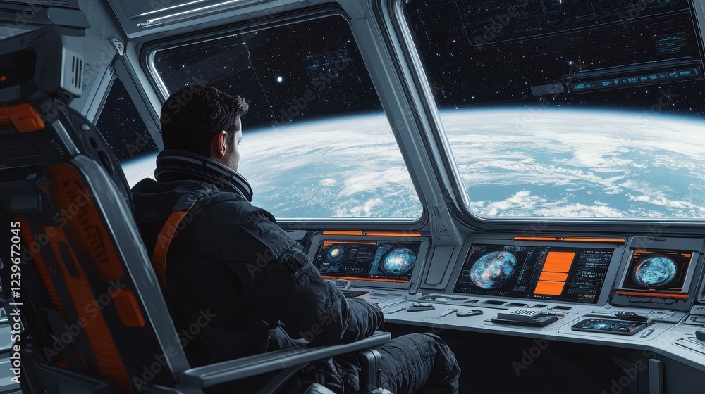 Aufkleber astronaut in spacecraft viewing earth from window in deep space