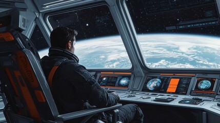 Astronaut in Spacecraft Viewing Earth from Window in Deep Space